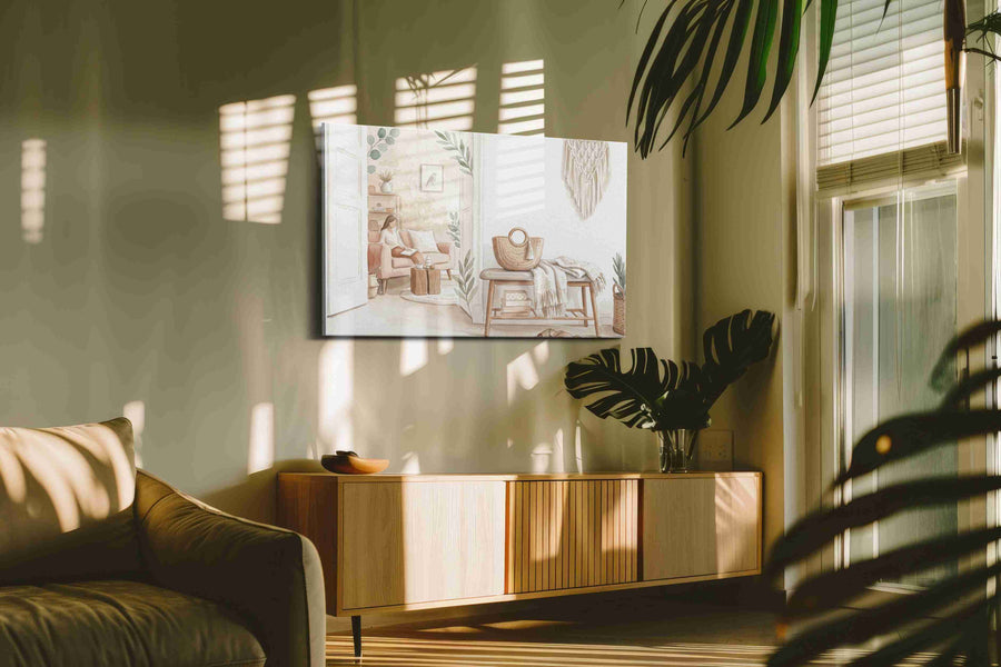 Serenity in Sunlit Corners boho canvas print, hanging on wall
