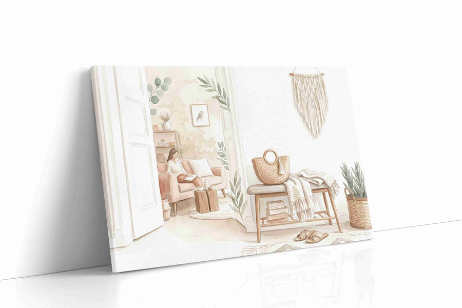 Serenity in Sunlit Corners boho canvas print, gallery-wrapped, ready to hang