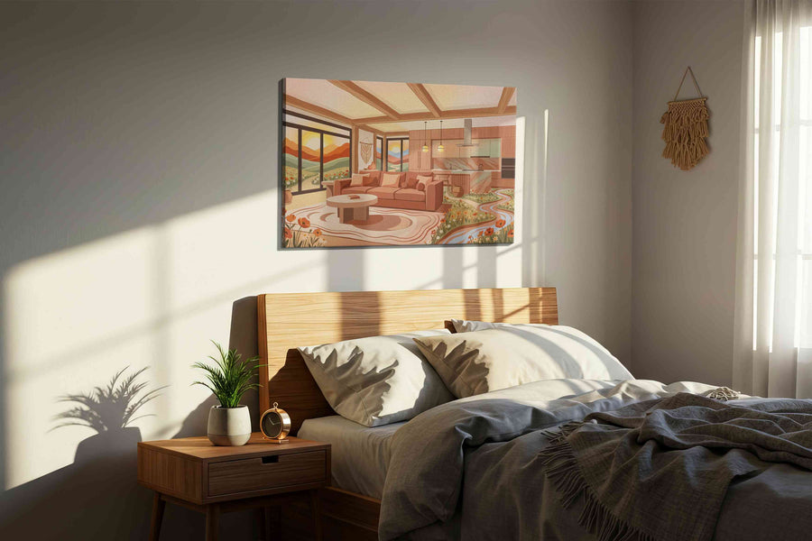 Sunlit Serenity Haven boho canvas print, displayed in a bedroom