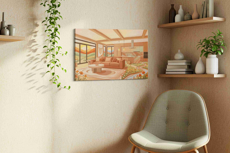 Sunlit Serenity Haven boho canvas print styled in a living room