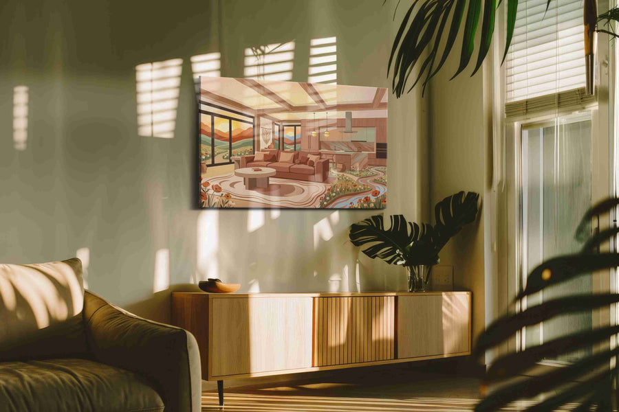 Sunlit Serenity Haven boho canvas print, on wall, lifestyle preview