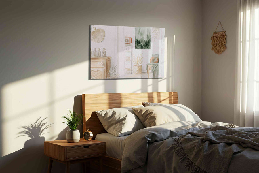 Tranquil Whispers of Green boho canvas print, displayed in a bedroom