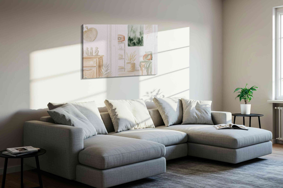 Tranquil Whispers of Green boho canvas print, displayed in a living room