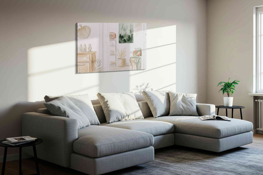 Tranquil Whispers of Green boho canvas print, displayed in a living room