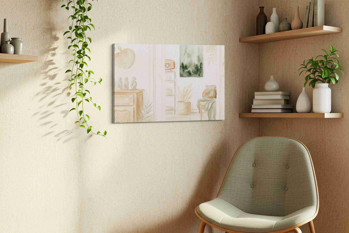 Tranquil Whispers of Green boho canvas print styled in a living room