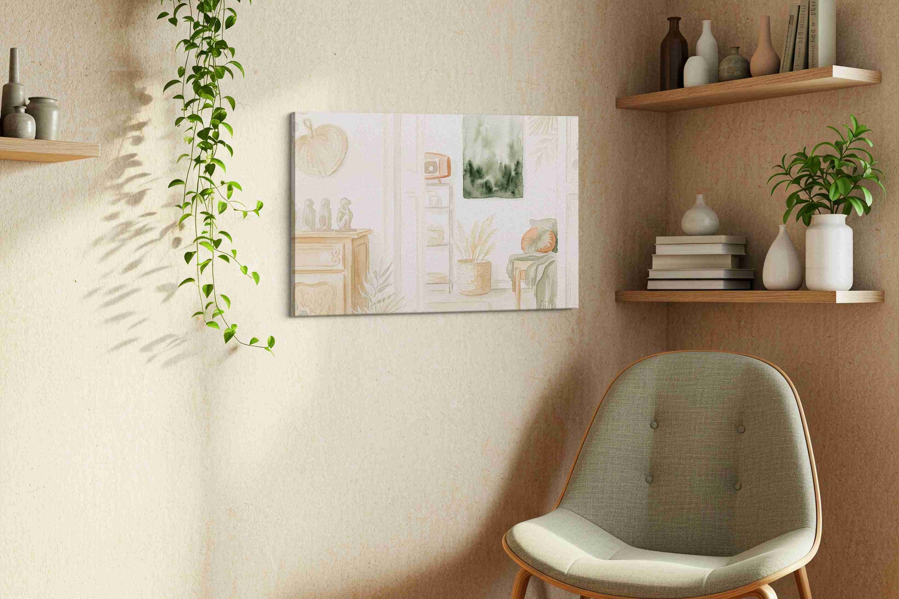 Tranquil Whispers of Green boho canvas print styled in a living room