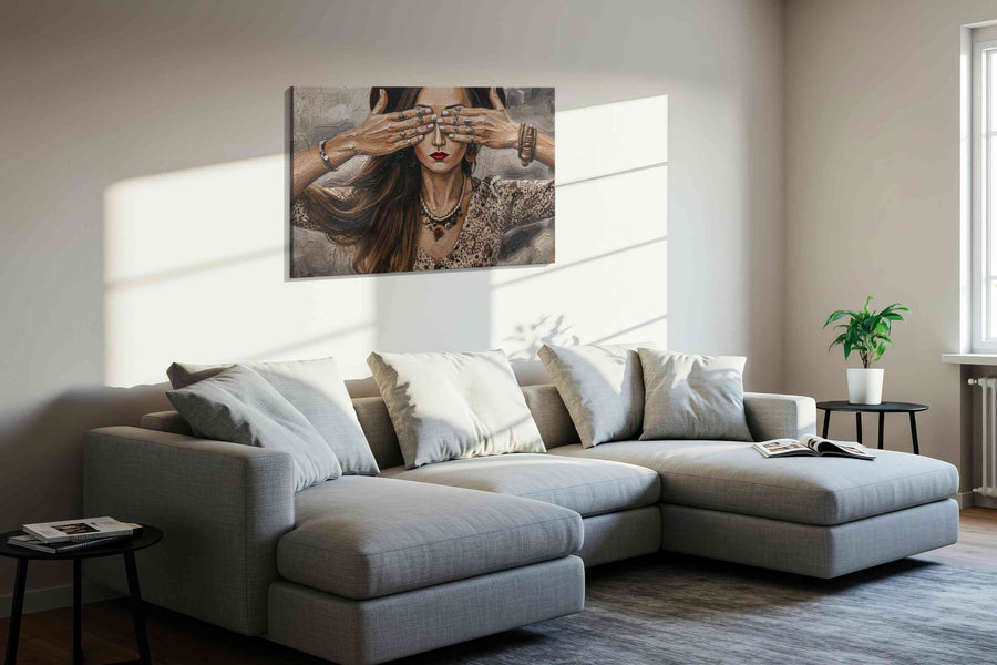 Veiled Visions in Sepia boho canvas print, displayed in a living room