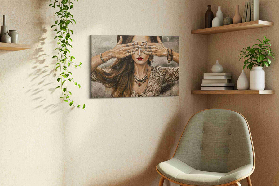 Veiled Visions in Sepia boho canvas print styled in a living room