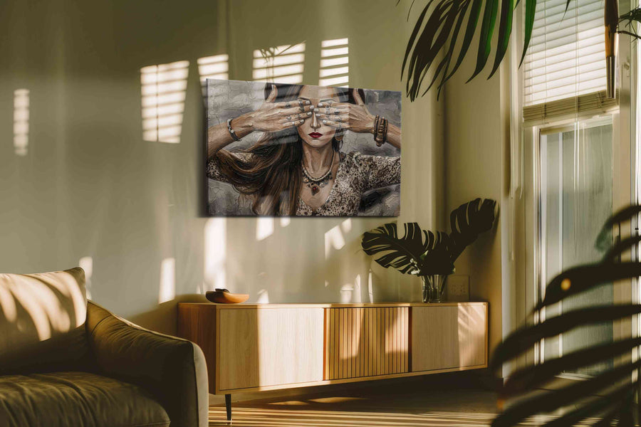Veiled Visions in Sepia boho canvas print, on wall, lifestyle preview