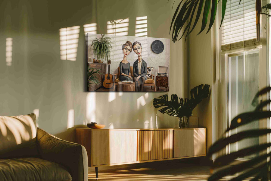 Whimsical Serenade in Stillness boho canvas print, displayed in a living room