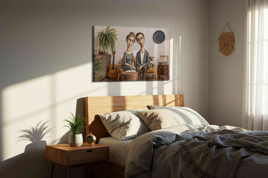 Whimsical Serenade in Stillness boho canvas print, displayed in a bedroom