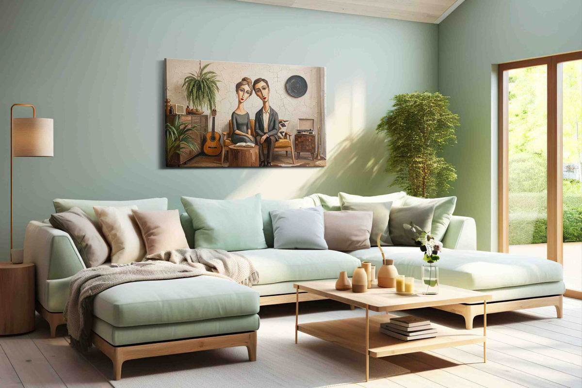 Whimsical Serenade in Stillness boho canvas print shown in a wall scene