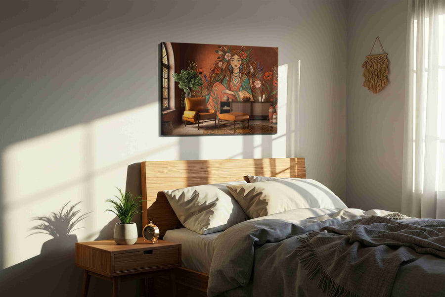 Whispers of the Earth Goddess boho canvas print, displayed in a bedroom