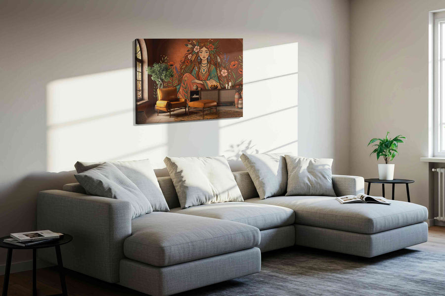 Whispers of the Earth Goddess boho canvas print, displayed in a living room