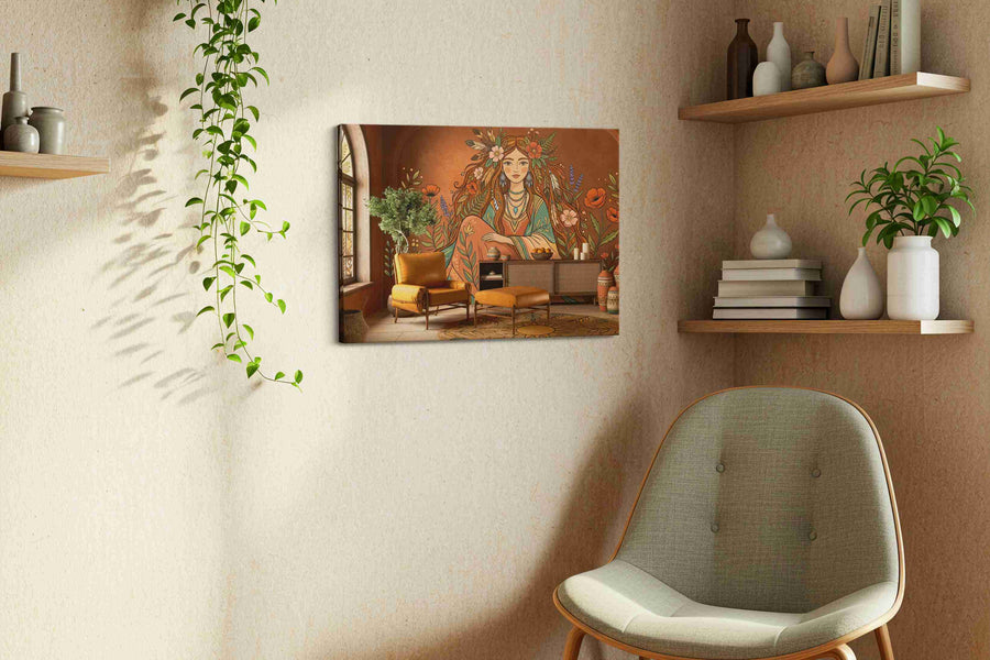 Whispers of the Earth Goddess boho canvas print, hanging on wall — view 2