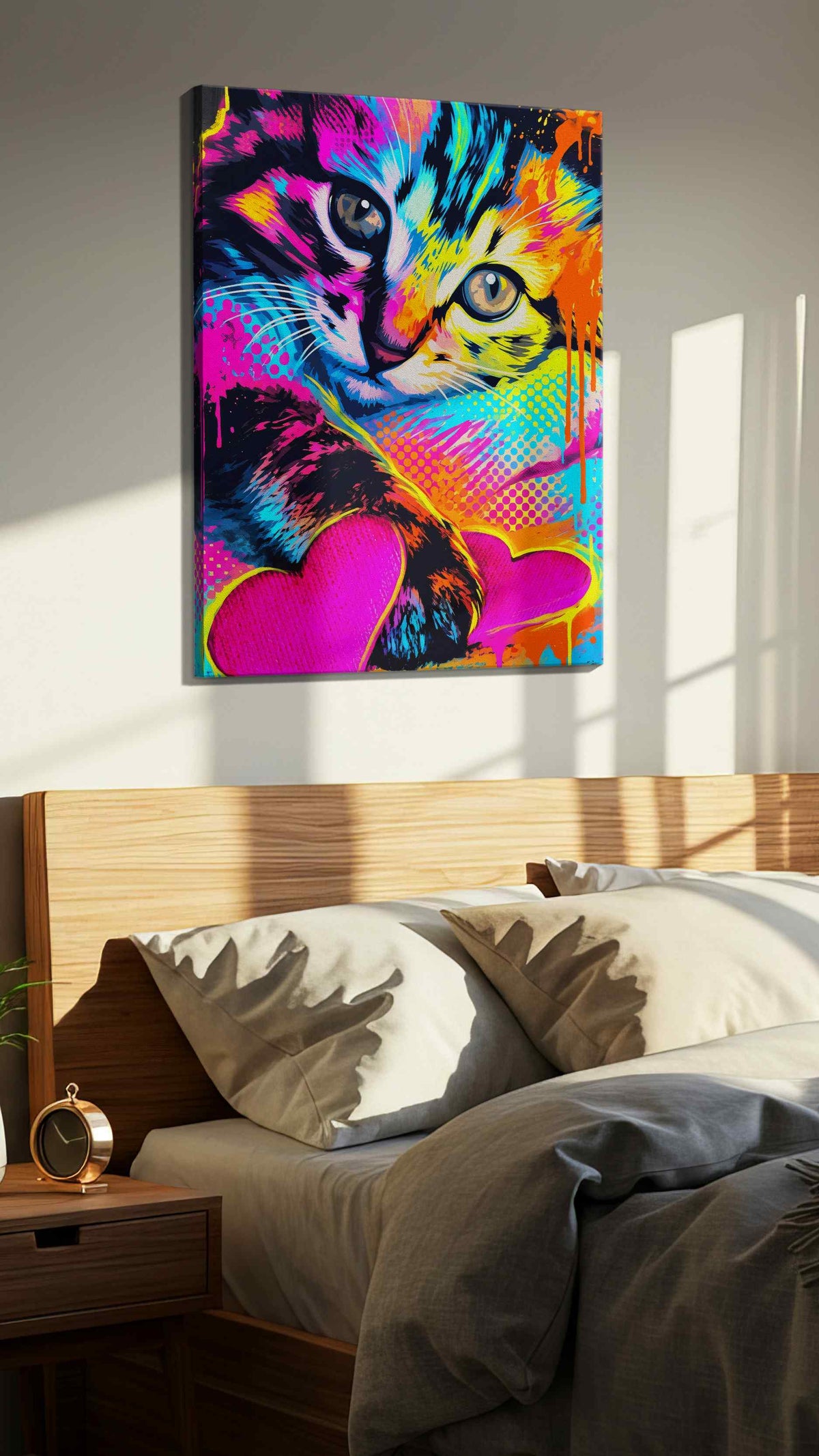 Neon Whiskers, Heartfelt Drips cats canvas print, displayed in a bedroom