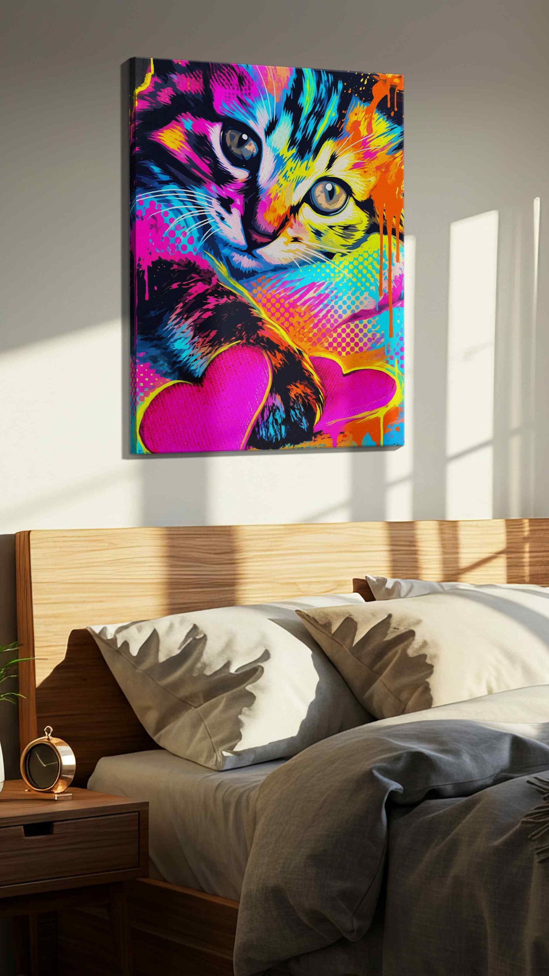 Neon Whiskers, Heartfelt Drips cats canvas print, displayed in a bedroom
