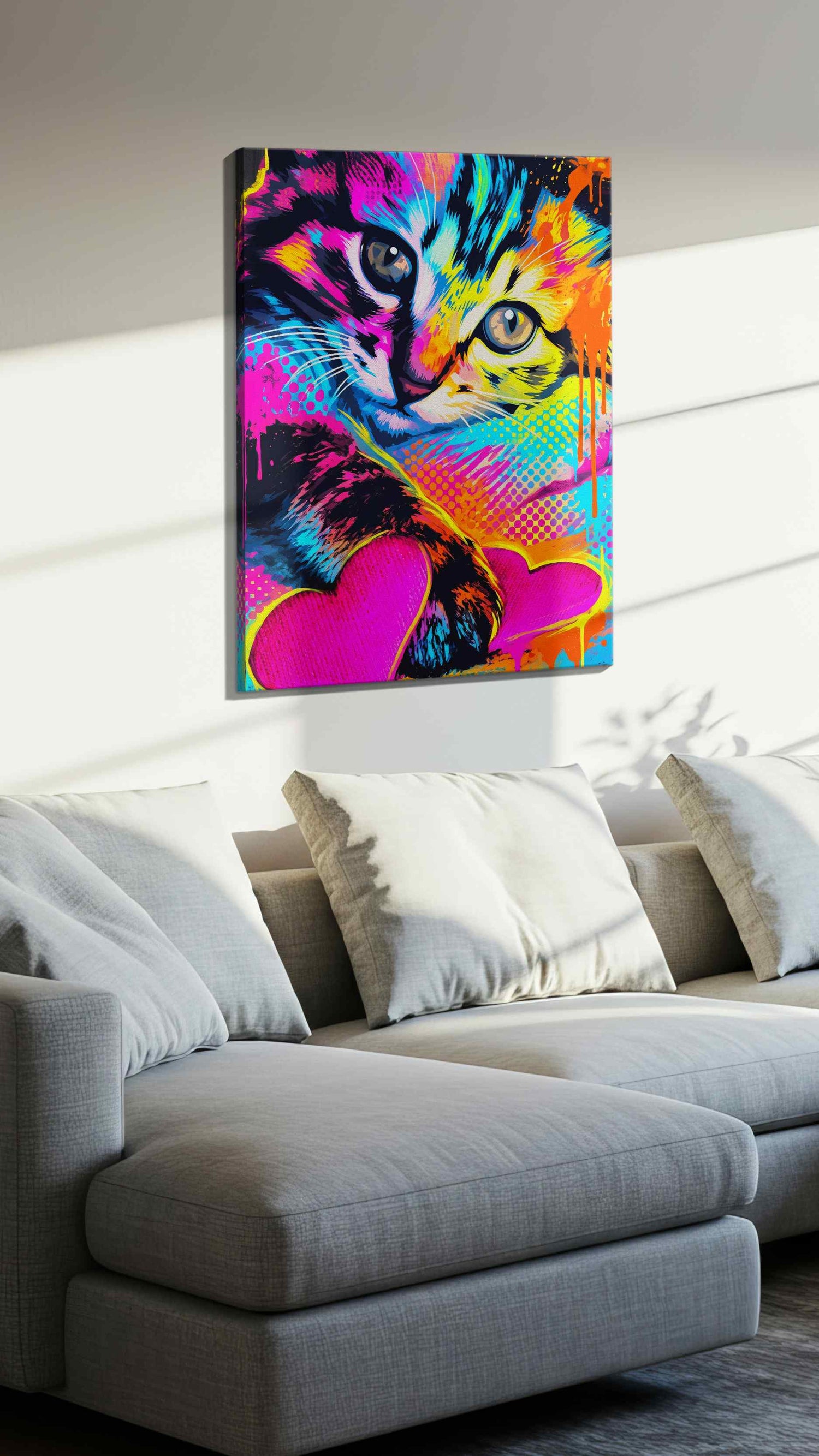Neon Whiskers, Heartfelt Drips - Cat Wall Art, Cat Canvas Print, Cat Lover Gift