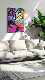 Neon Whiskers, Heartfelt Drips cats canvas print, hanging on wall — in a hung canvas mockup
