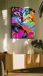 Neon Whiskers, Heartfelt Drips cats canvas print in a hung canvas mockup