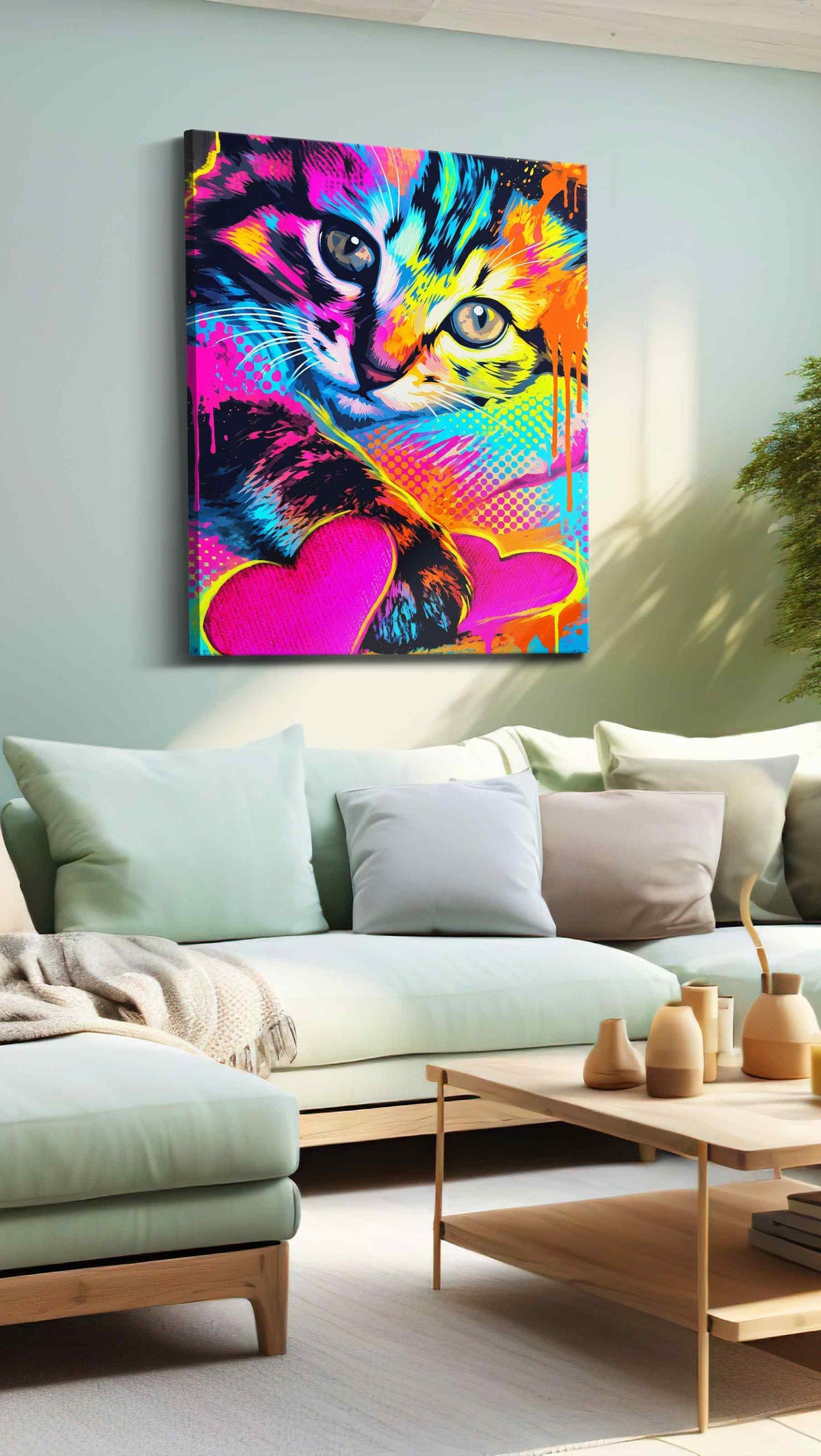 Neon Whiskers, Heartfelt Drips cats canvas print, hanging on wall