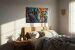 Prismatic Feline Dreams cats canvas print, displayed in a bedroom
