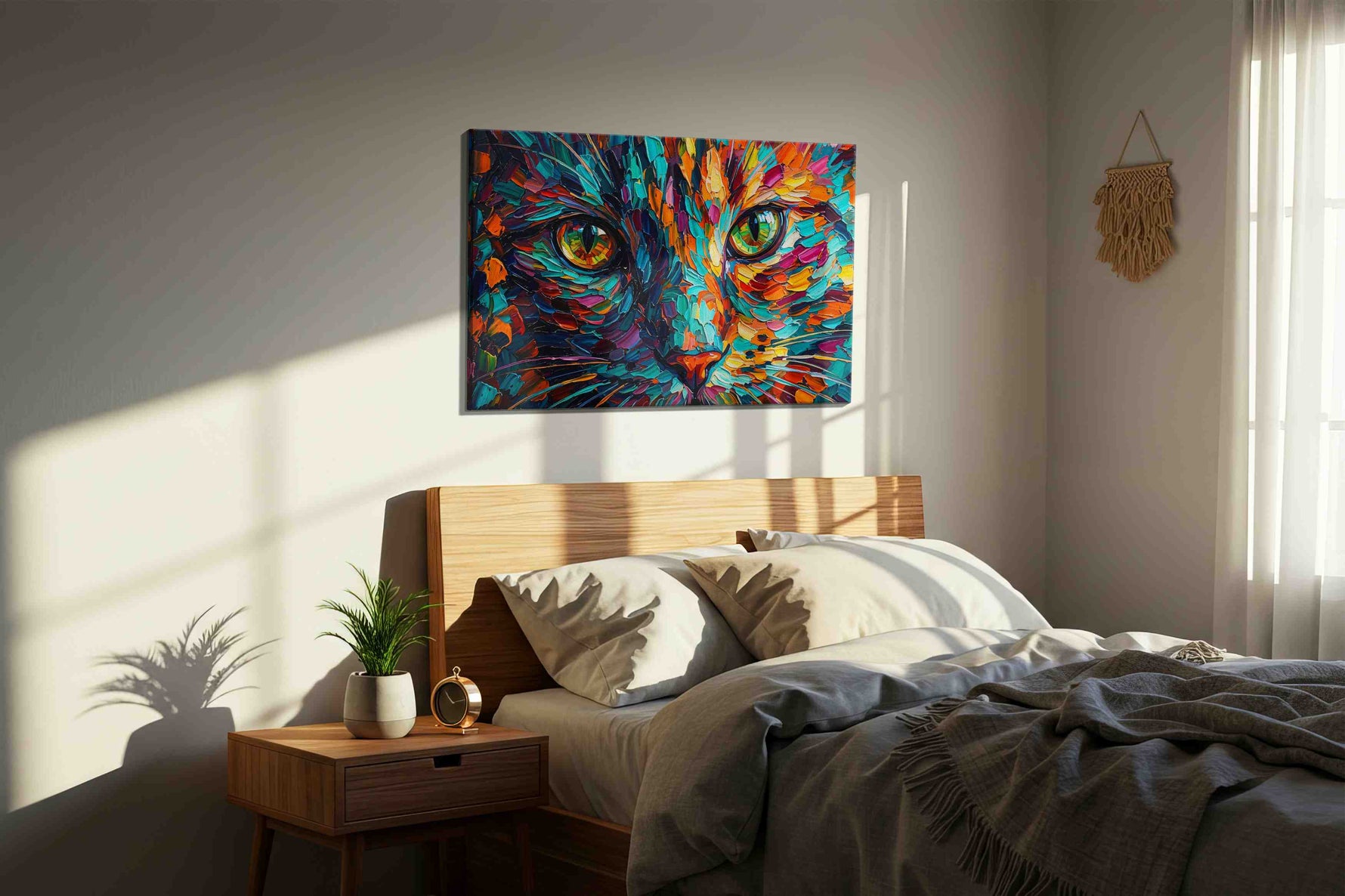 Prismatic Feline Dreams cats canvas print, displayed in a bedroom