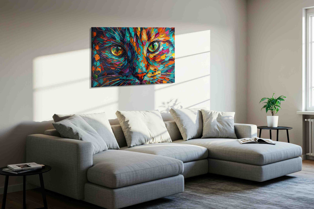 Prismatic Feline Dreams cats canvas print, displayed in a living room