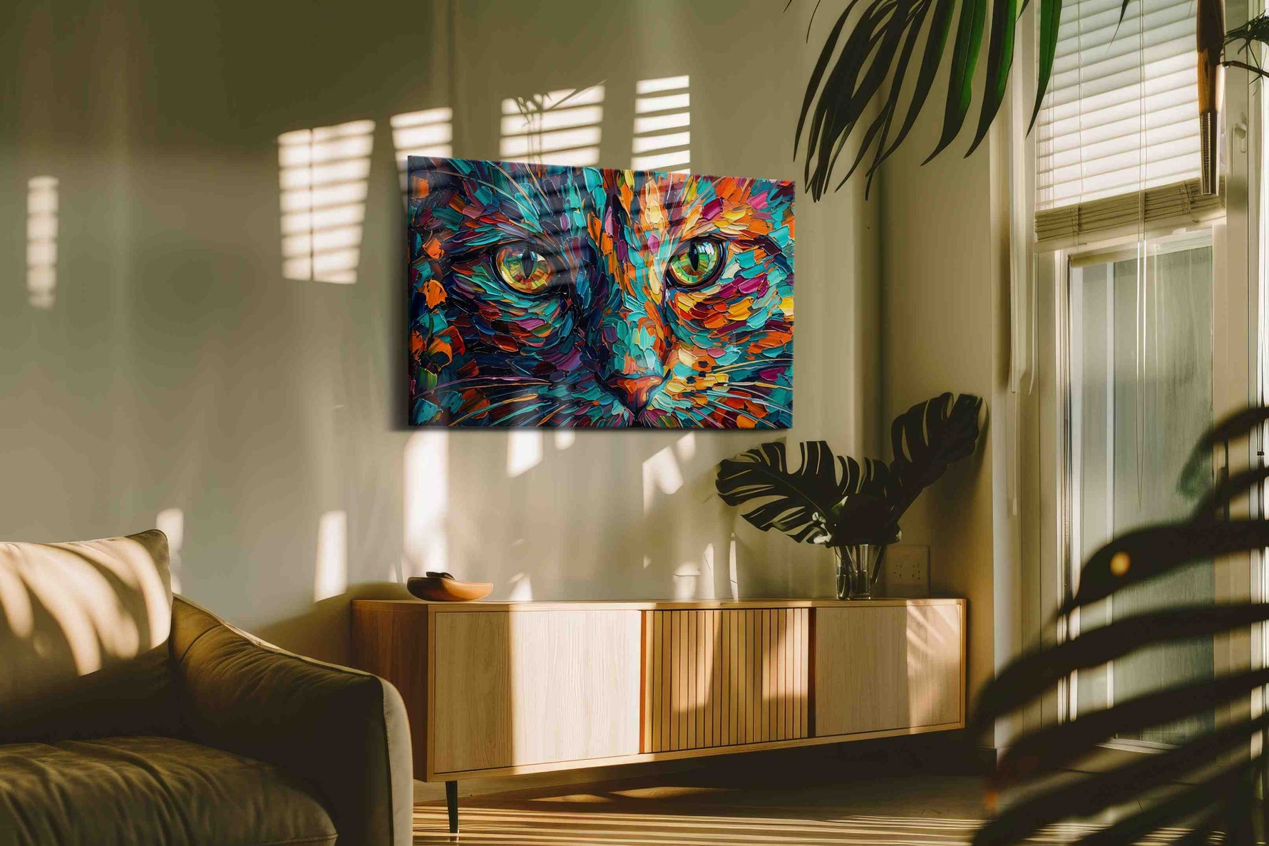 Prismatic Feline Dreams cats canvas print in a hung canvas mockup