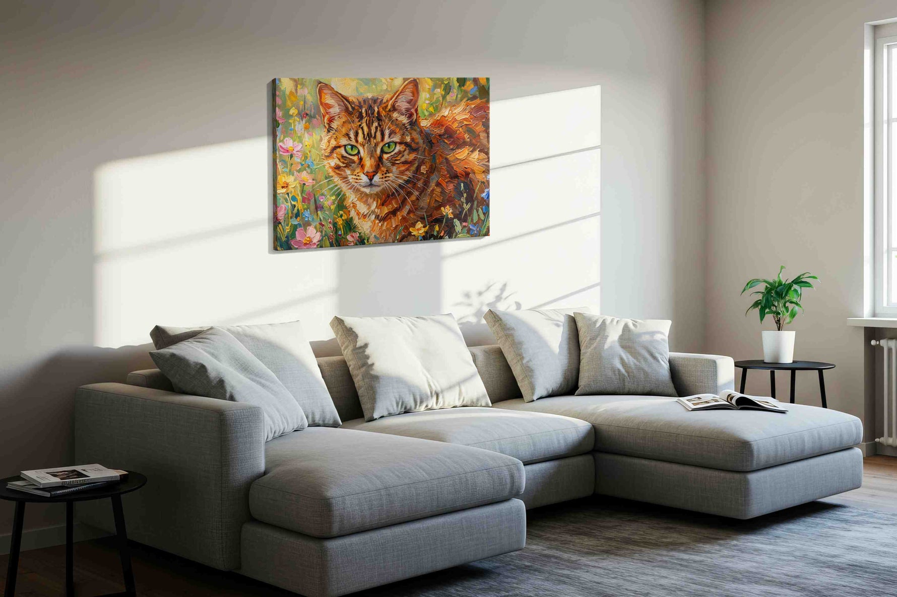 Whiskered Wildflowers Symphony cats canvas print, displayed in a living room