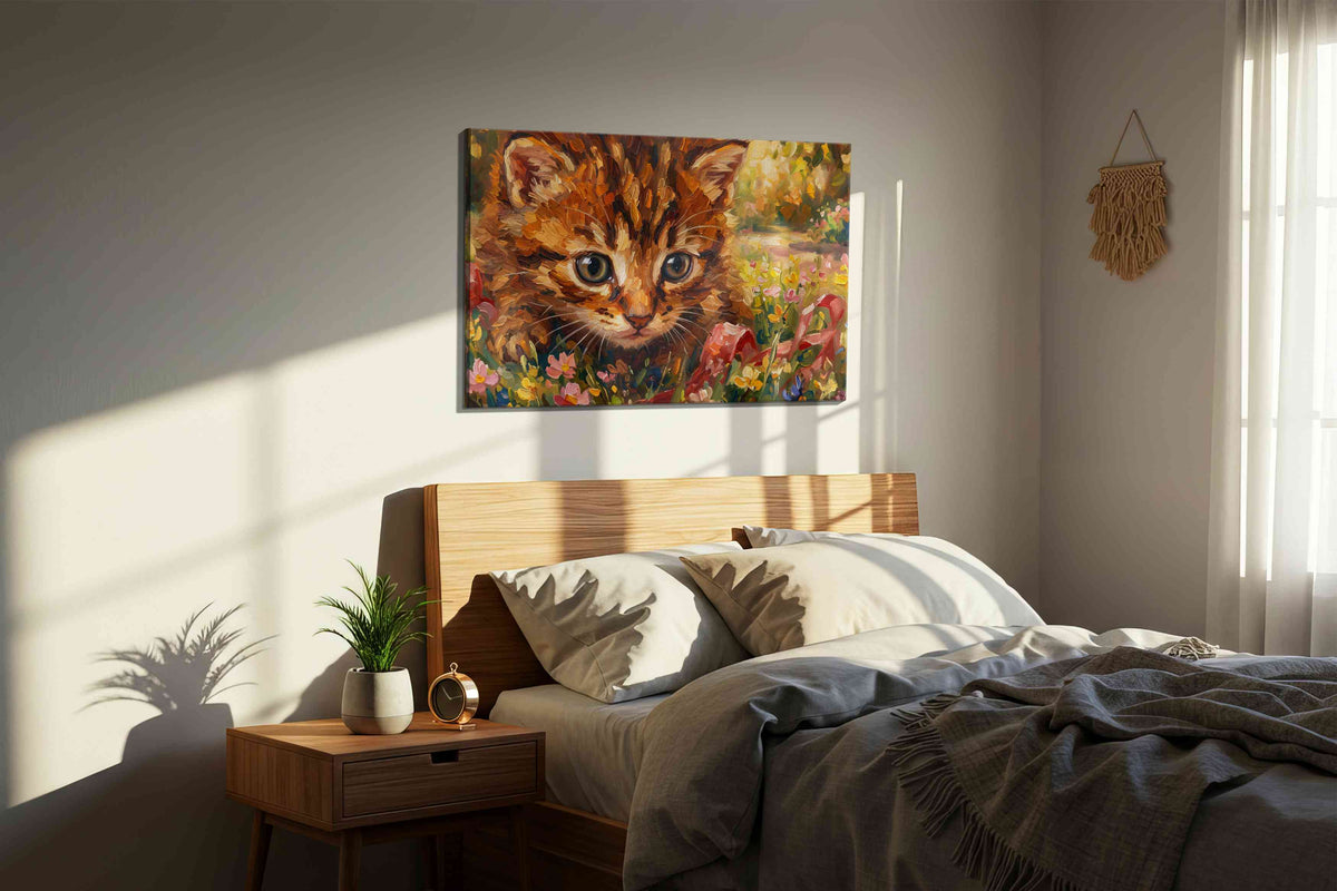 Whiskers in Wildflower Dream cats canvas print, displayed in a bedroom