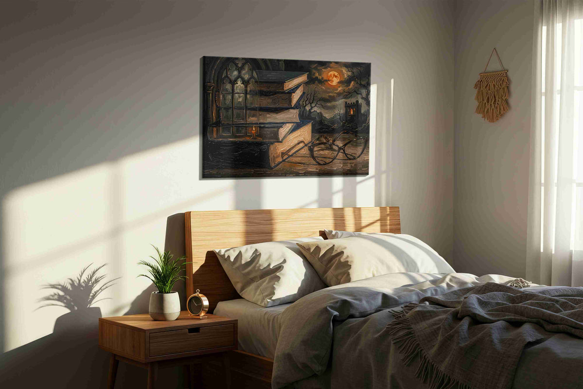 Moonlit Reflections of Knowledge darkacademia canvas print, displayed in a bedroom