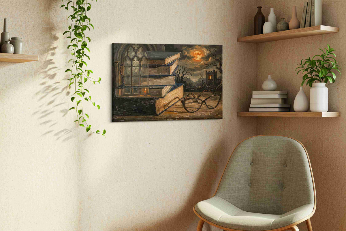 Moonlit Reflections of Knowledge darkacademia canvas print, hanging on wall — view 2