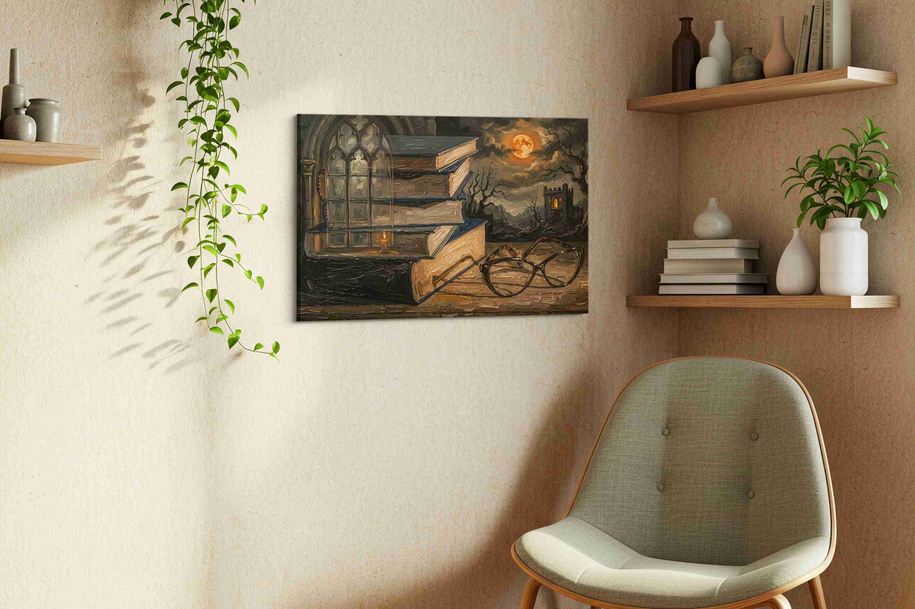 Moonlit Reflections of Knowledge darkacademia canvas print, hanging on wall — view 2