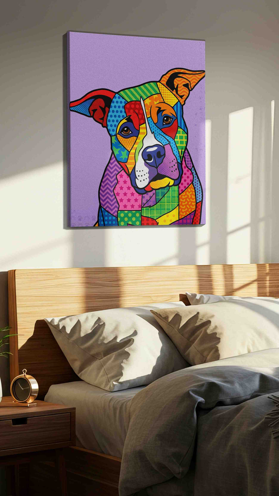 Chromatic Canine Symphony dogs canvas print, displayed in a bedroom