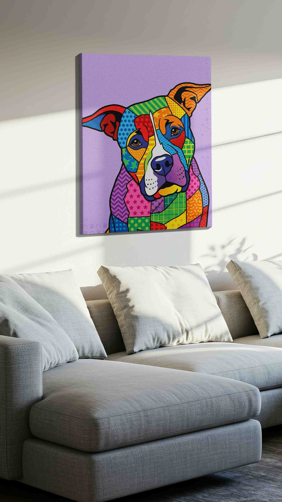 Chromatic Canine Symphony dogs canvas print, displayed in a living room
