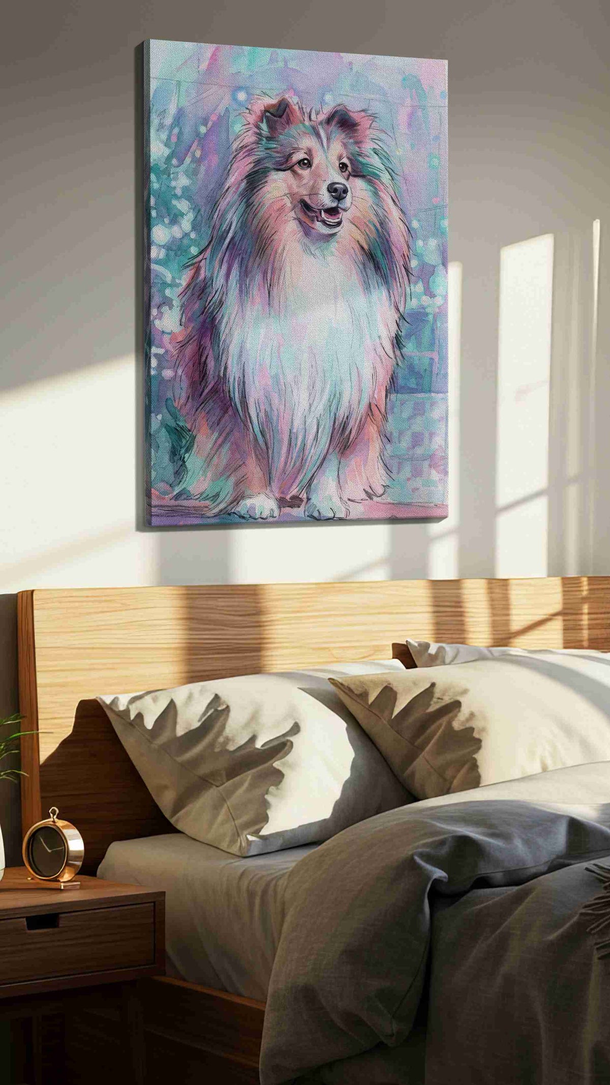 Mystical Canine Dreamscape dogs canvas print, displayed in a bedroom