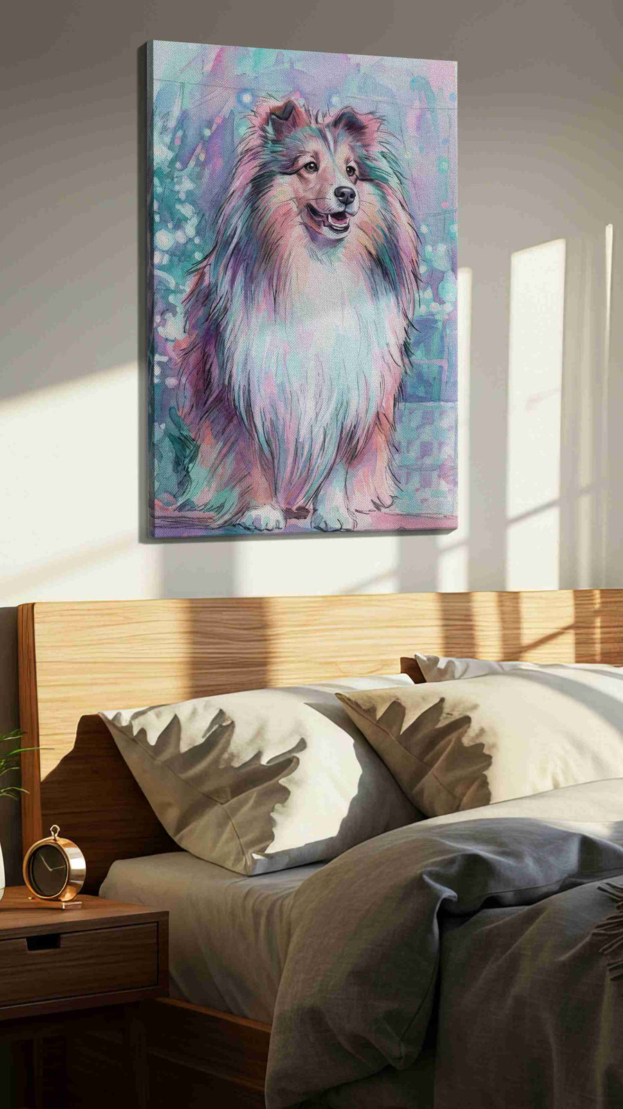 Mystical Canine Dreamscape dogs canvas print, displayed in a bedroom
