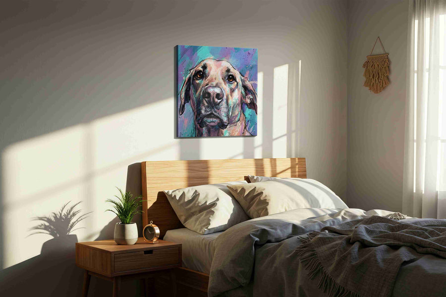 Whimsical Canine Reverie dogs canvas print, displayed in a bedroom