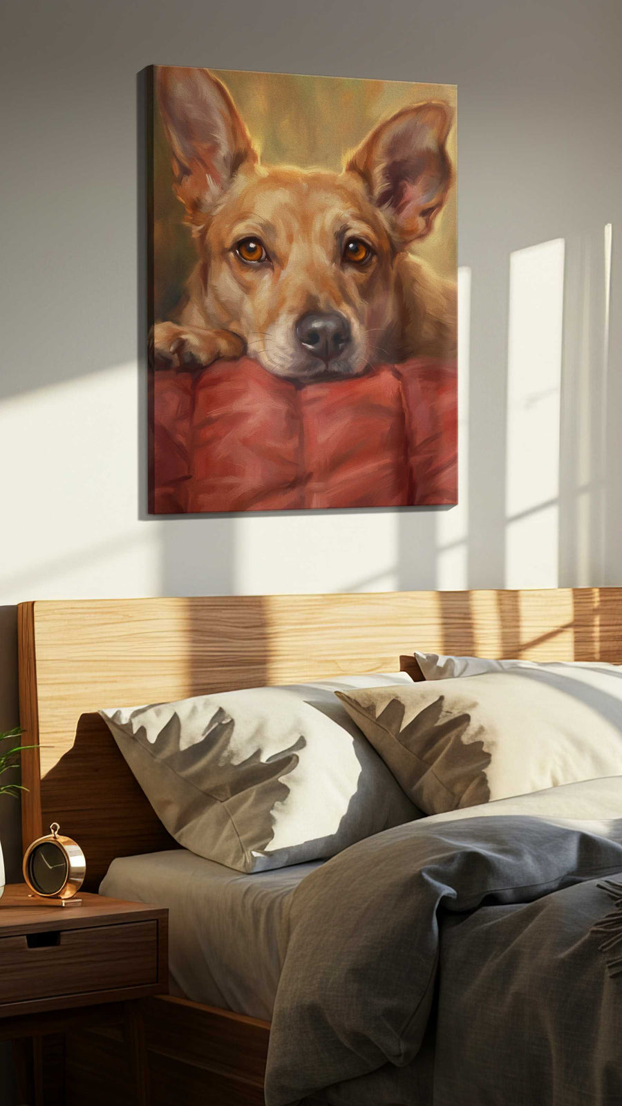 Whimsical Warmth dogs canvas print, displayed in a bedroom