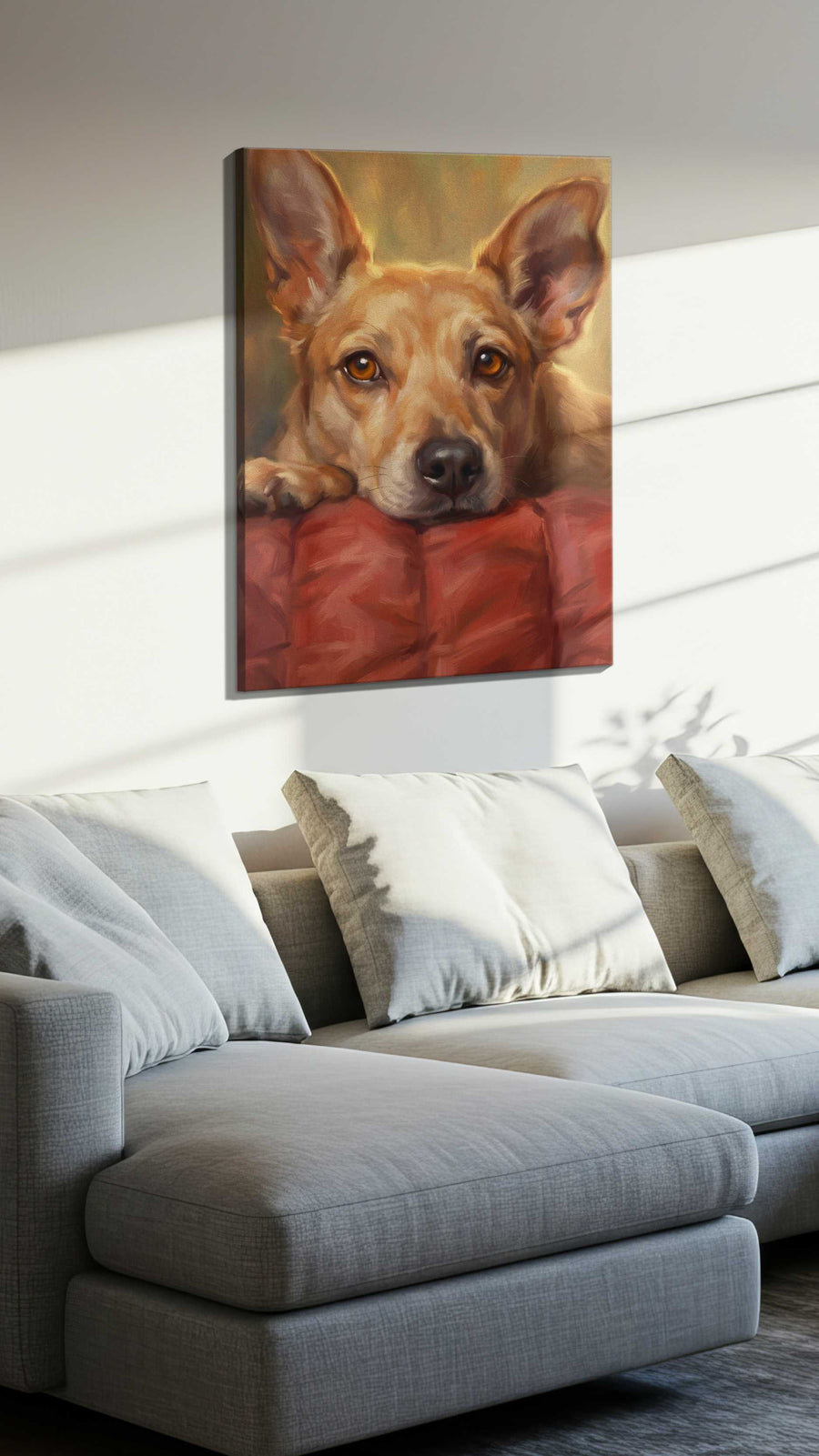 Whimsical Warmth dogs canvas print, displayed in a living room