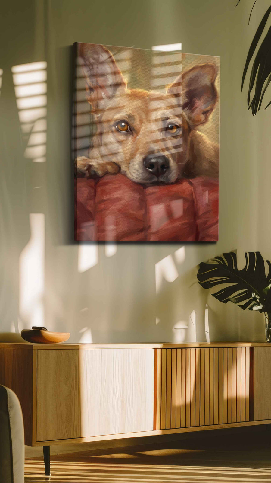 Whimsical Warmth dogs canvas print, on wall, lifestyle preview
