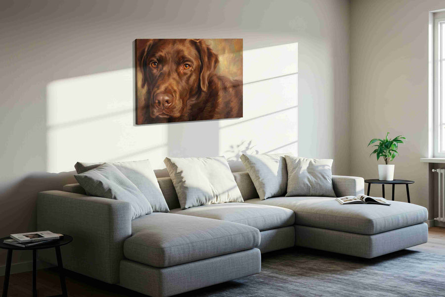 Whiskers of Chocolate Dreams dogs canvas print, displayed in a living room