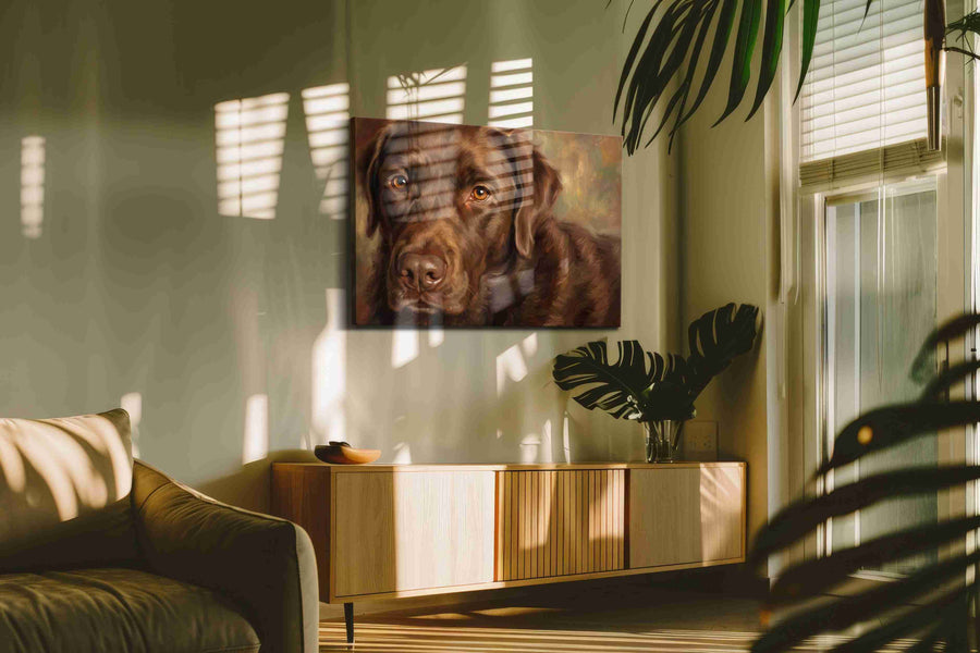 Whiskers of Chocolate Dreams dogs canvas print, hanging on wall — in a hung canvas mockup