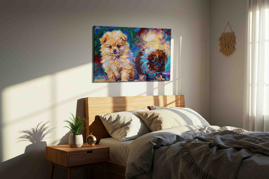 Whispers of Furry Dreams dogs canvas print, displayed in a bedroom