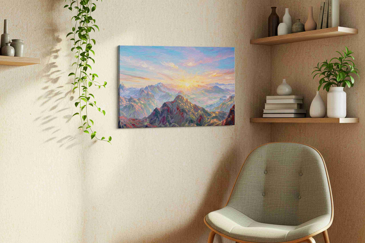 Eternal Dawn Over Peaks nature canvas print styled in a living room