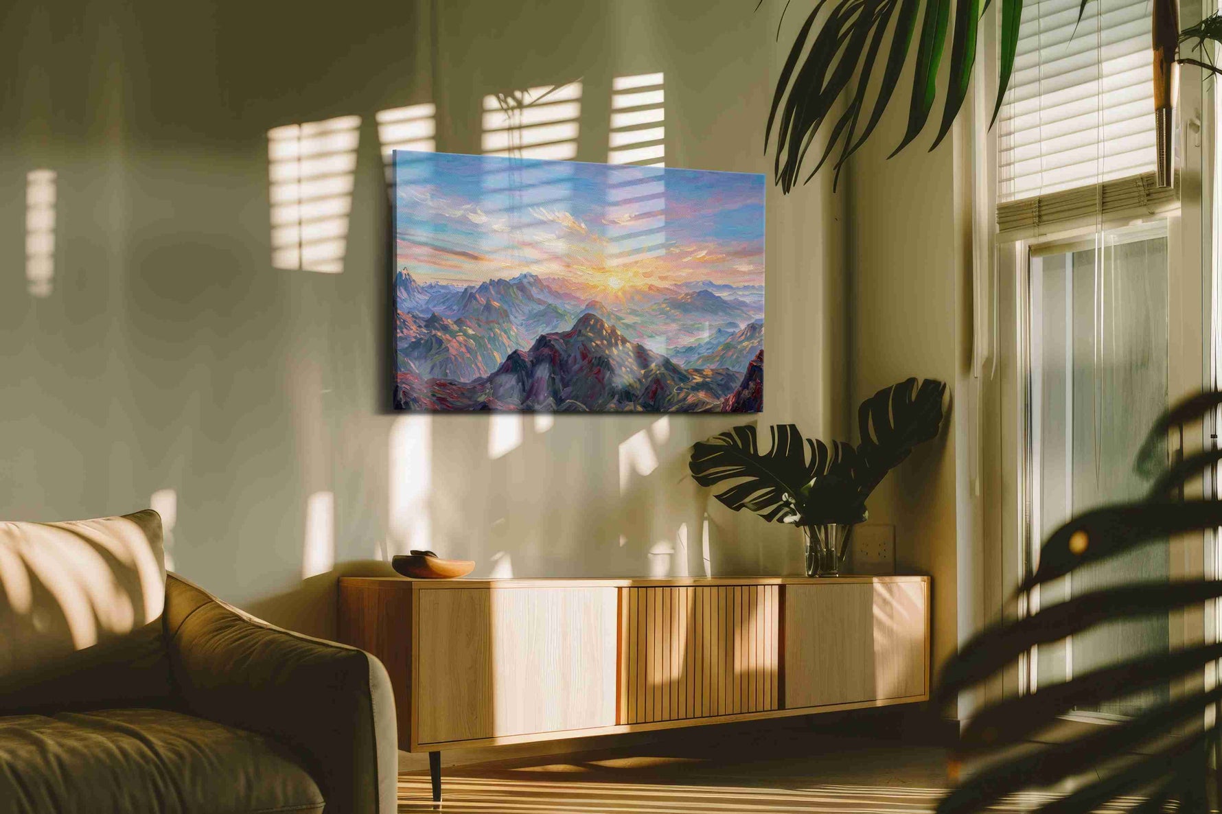 Eternal Dawn Over Peaks nature canvas print in a hung canvas mockup