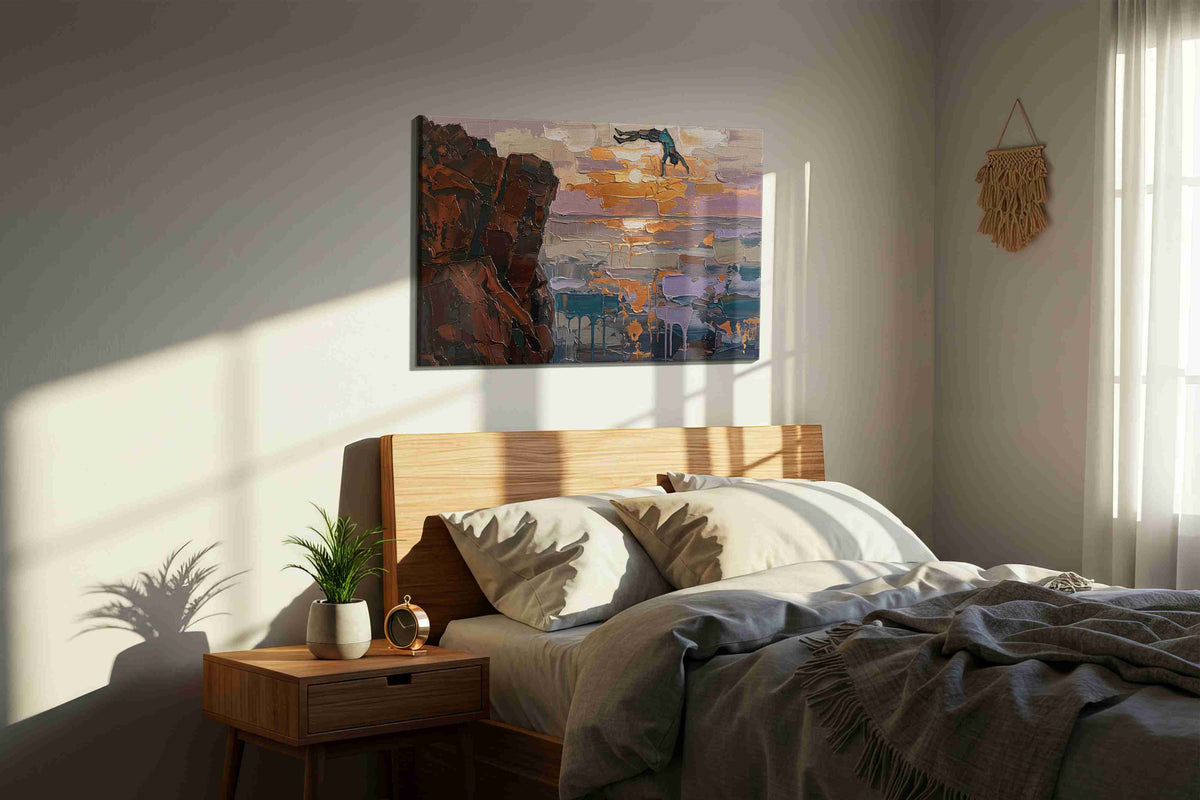 Ethereal Ascent at Dusk nature canvas print, displayed in a bedroom