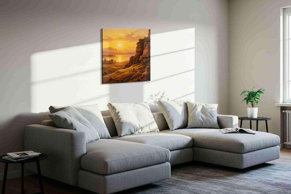 Gilded Serenity at Dusk nature canvas print in a living room scene