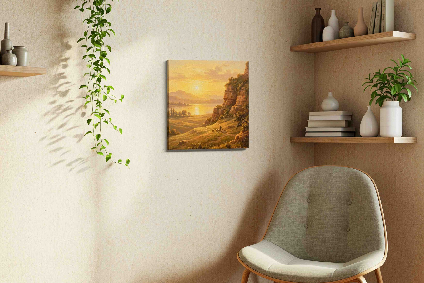 Gilded Serenity at Dusk nature canvas print, displayed in a living room